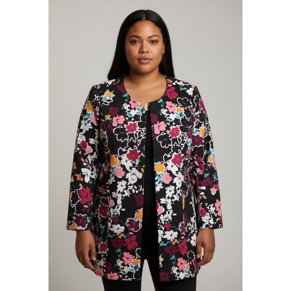Jessica London Black Floral Tulip Sleeve Open Front Blazer Jacket Sz 12W NWOT